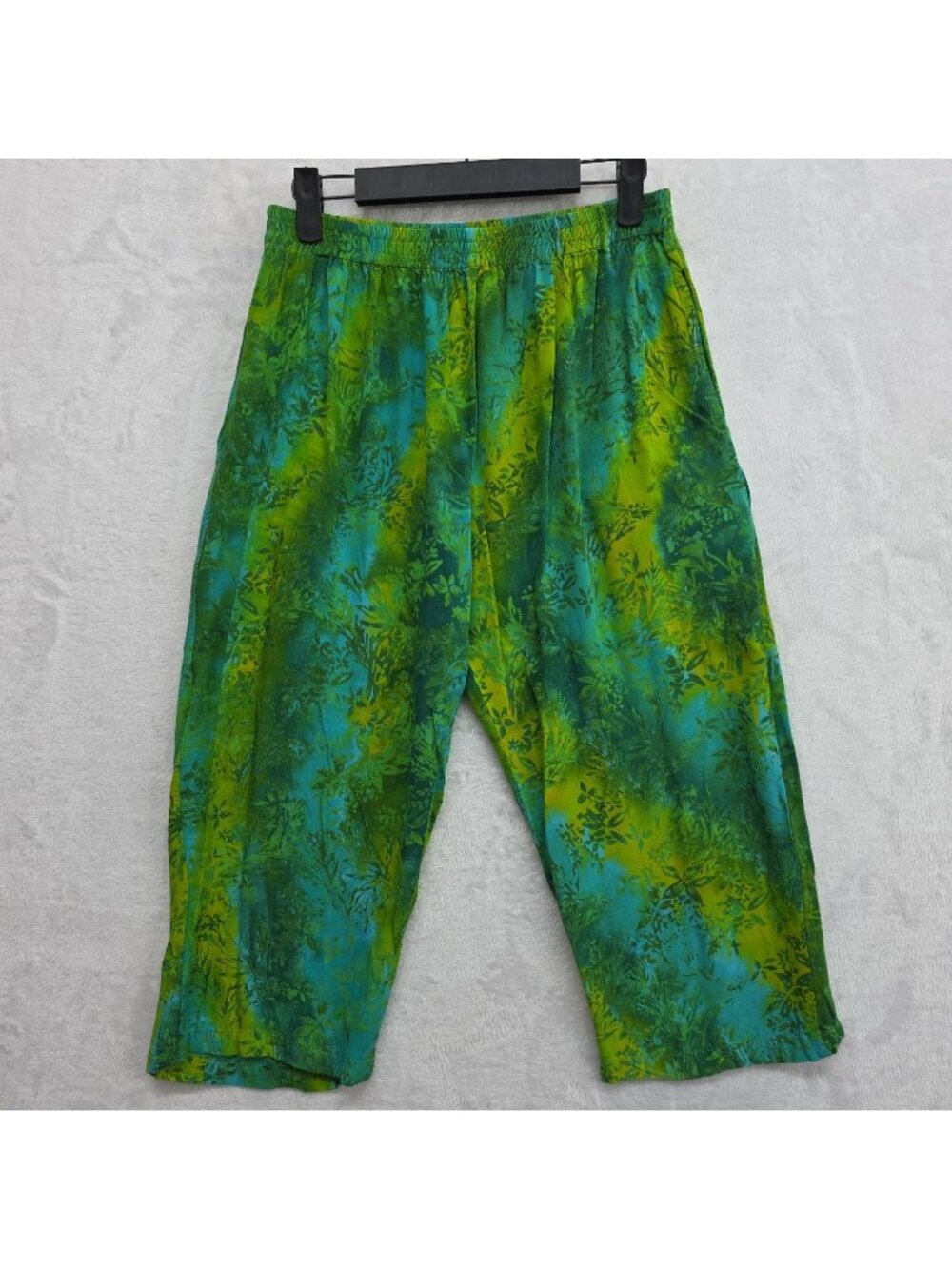 Womens Tye Dye Rayon Harem Capri Pant Sz L Floral Green Yellow Boho Hippie Buds